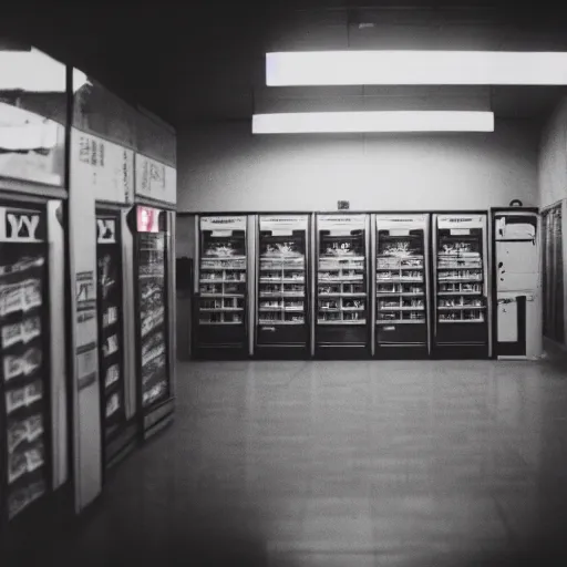 Image similar to cinestill 5 0 d photograph of the inside of an empty convenience store, liminal space, lonely, mannequins, black mold, 3 5 mm, raw, unedited, 8 k, hd, the fifth element