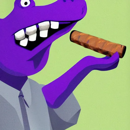 Image similar to barney the purple dinosaur from kids show drinking whisky and smoking a cigar, portrait art, digital art, trending on artstation