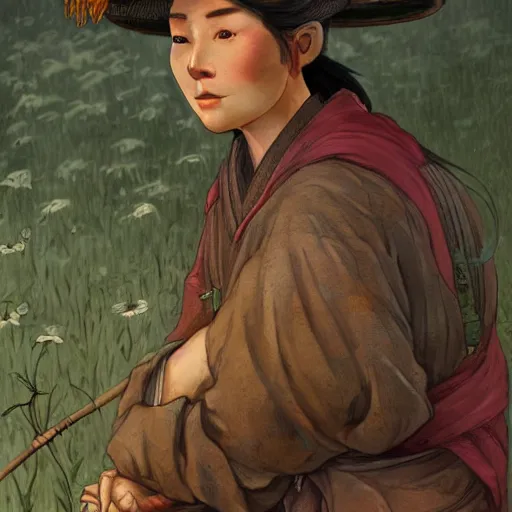 Prompt: 12th century Chinese farmer, highly detailed, digital painting, cgsociety, concept art, sharp focus, illustration, art by artgerm and greg rutkowski and alphonse mucha