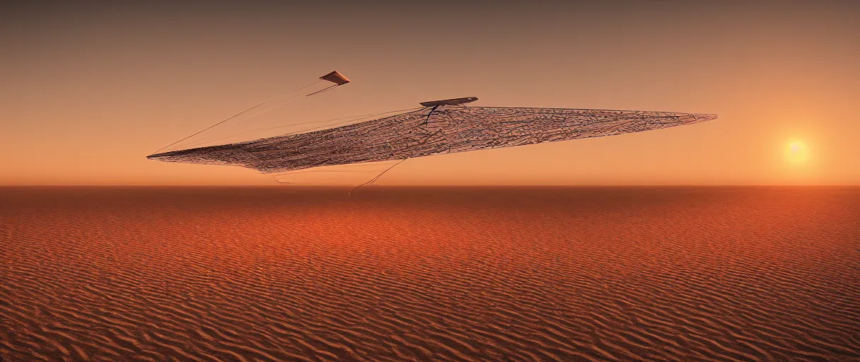 Image similar to an ornithopter on dune, sand worms in the background, light orange sunset, volumetric light, hdr, 8 k, bokeh designed by moebius kow yokoyama