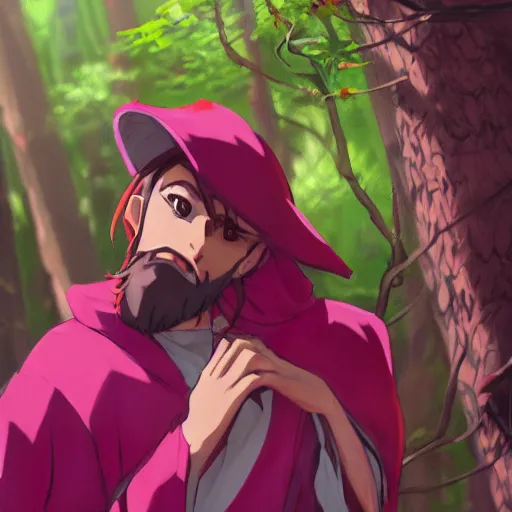 Image similar to concept art painting of an anthropomorphic anime style humanoid bearded dragon wearing magenta wizard robes, in the deep forest, realistic, detailed, cel shaded, in the style of makoto shinkai and greg rutkowski and james gurney