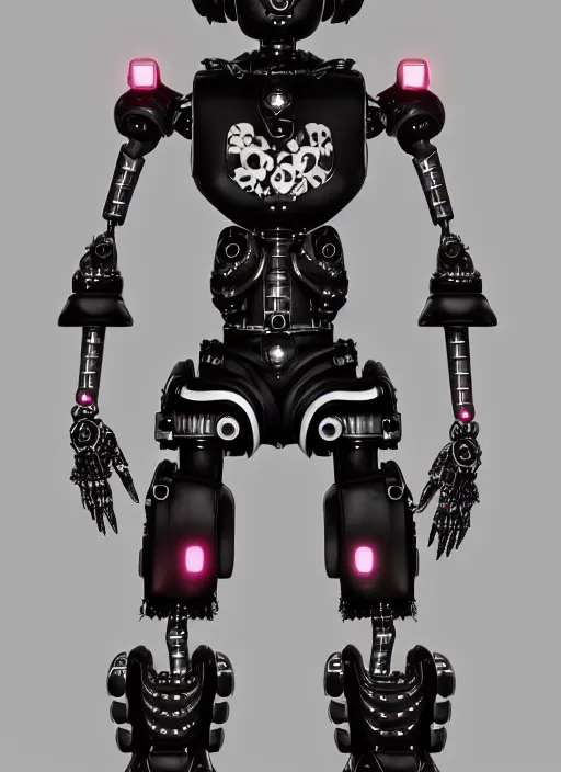 Prompt: full body portrait of a gothic style industrial punk robot with kanji tattoos and decals wearing a digital pixelated kimono, intricate design, photo - realistic, octane render, dark colour palette, ultra fine detailed, character design, trending on artstation