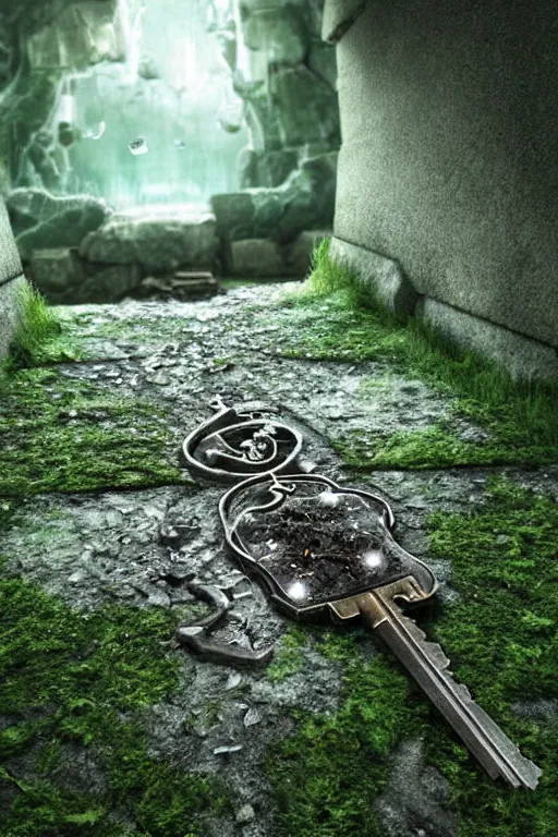 Image similar to mysterious key of death and rebirth, etched into a wall with crystals breaking through the stone, the floor covered by moss, cgsociety