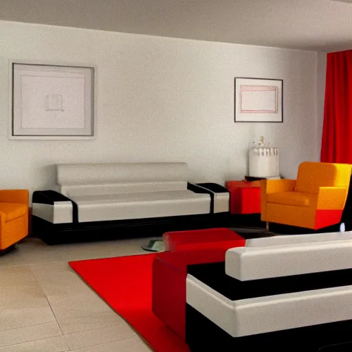 Image similar to 1970's futurist interior living space, furnished by aero aarino, primary colors are white, orange, yellow, and red unreal engine 8k resolution