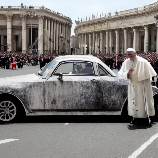 Prompt: a stunning award-winning photo of the Pope doing a sick drift in the pope mobile on St. Peter's square, dark tire marks, gray smoke coming out of the tires, very high quality, extremely detailed