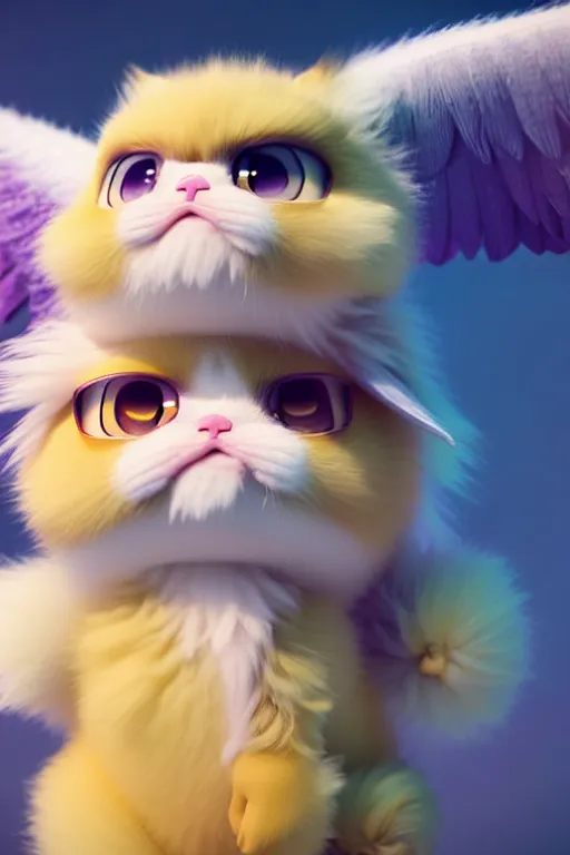 Image similar to high quality 3 d render hyperrealist very cute multipastel fluffy! grumpy griffin cat hybrid with fluffy wings!, vray smooth, in the style of detective pikachu, hannah yata charlie immer, dramatic yellow light, low angle, uhd 8 k, sharp focus