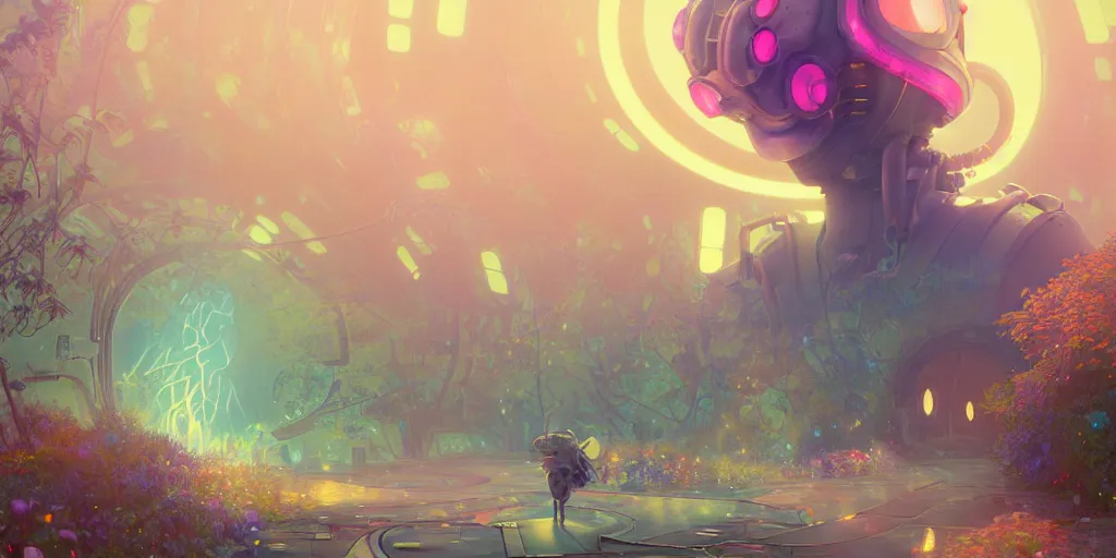 Image similar to a dreamy otherworldly 3 d render of anthropomorphic cyborg rodent on pathway to castle, studio ghibli, pixar and disney exploded - view drawing, sharp, disney octane render splatter paint vray by shinji kimura and alphonse mucha and alena aenami, maximalist pastel color palette, ( ( bloom ) ), dramatic lighting