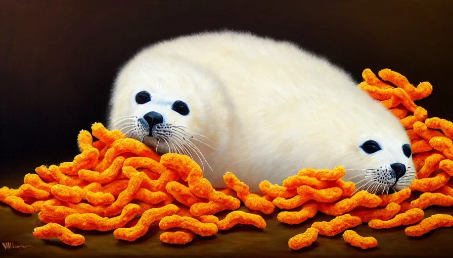 Image similar to highly detailed painting of cute furry white baby seals cuddling up in a big pile of wotsits and cheetos by william turner, thick brush strokes and visible paint layers, 4 k resolution