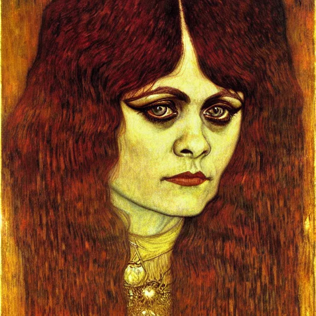 Image similar to detailed realistic theda bara face portrait by jean delville, gustav klimt and vincent van gogh, art nouveau, symbolist, visionary, gothic, pre - raphaelite, muted earthy colors, desaturated