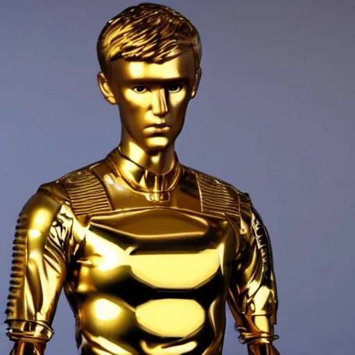 Image similar to a realistic detailed photo of a guy who is an attractive humanoid who is half robot and half humanoid, who is a male android, soccer players martin ødegaard, shiny skin, posing like a statue, blank stare, in a museum, on display, showing off his muscles, gold soccer shorts, no jersey, ground view, ceramic statue