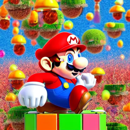 Image similar to Super Mario in a colorful mushroom land