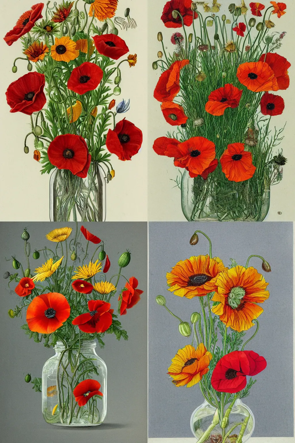 Prompt: botanical illustration of poppies and sunflowers in a glass jar