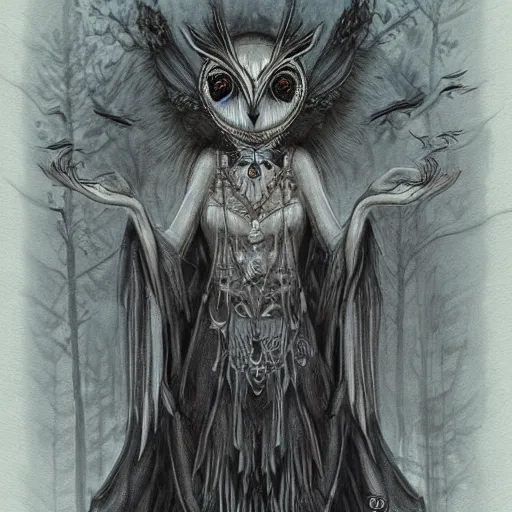 Prompt: goddess of owls, humanoid, hooded, masked, feathered robes, ritual in a forest, devouring, dark, moody, fog, concept art