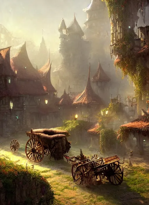 Image similar to wagons pulled by an ox at the robust fantasy castle courtyard, calming, uplifting mood, ultra realistic, funny, small buildings, highly detailed, epic lighting, illuminated, cinematic, morning, art by eddie mendoza