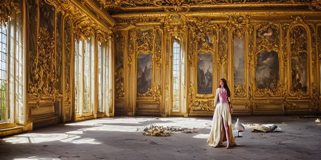 Prompt: a dream of a young woman holding a Mallard Duck that is looking over her shoulder walking inside an opulent, ornate, abandoned overgrown Palace of Versailles, lush plants growing through the floors and walls, walls are covered with vines, beautiful, dusty, golden volumetric light shines through giant broken windows, golden rays fill the space with warmth, rich with epic details and dreamy atmosphere