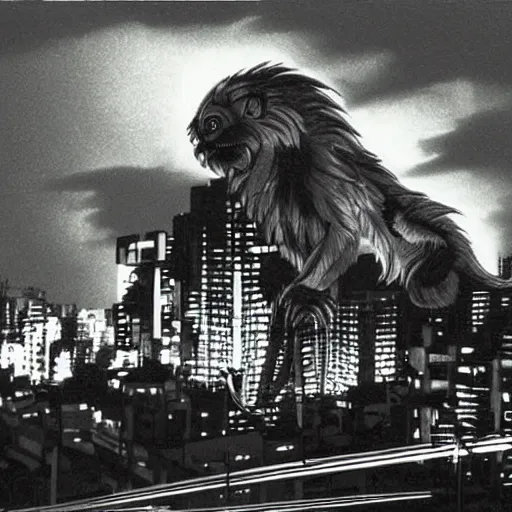 Prompt: golden lion tamarin destroying tokyo in the style of the movie godzilla, cinematic lighting, cinematic framing and shadows 1 9 7 0 s aesthetic