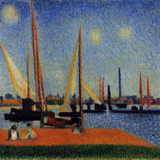 Prompt: vlaardingen harbor, oil painting by seurat, monet, modigliani, renoir