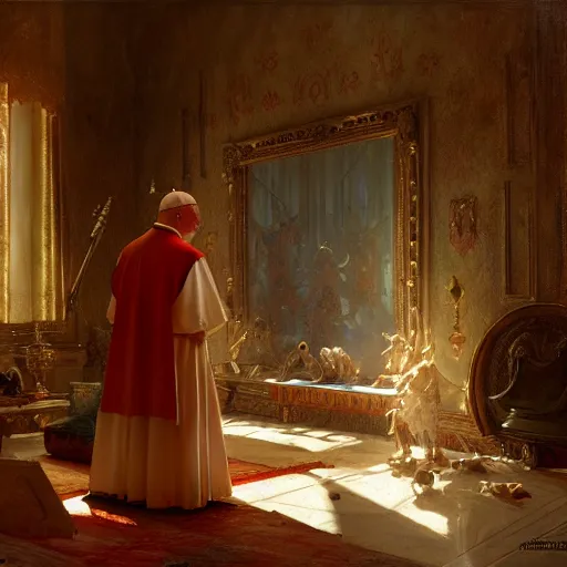 Prompt: the pope is in his bedroom, terrified because a horned demon is attacking him. highly detailed painting by gaston bussiere, greg rutkowski, craig mullins 8 k