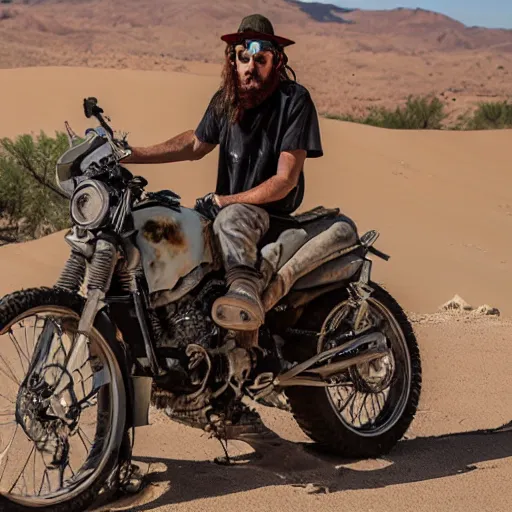 Prompt: low desert punk, scruffy stoner riding in the desert