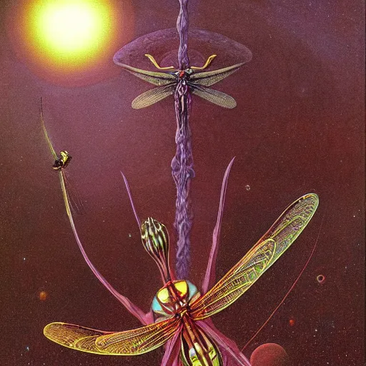 Prompt: cosmic alien dragonflies await you at the end of all of space and time by Gerald Brom and Zdzisław Beksiński