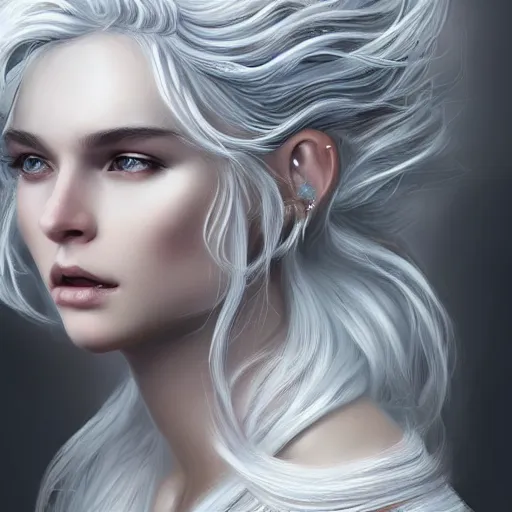 Image similar to god, young, white hair, long hair, intricate, ethereal, highly detailed, sharp focus, artstation, digital painting, by stanley lau and artgerm