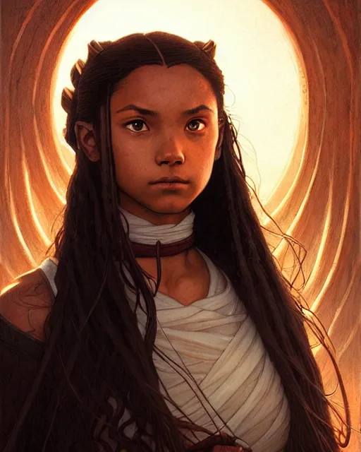 Image similar to katara from avatar the last airbender, character portrait, portrait, close up, concept art, intricate details, highly detailed by greg rutkowski, michael whelan and gustave dore