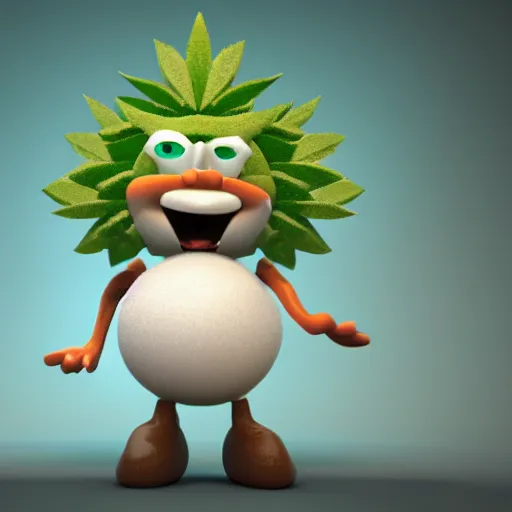 Image similar to octane render of cartoon cannabis character snowball