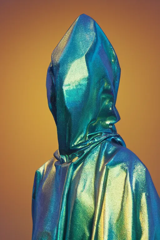 Image similar to hyper detailed ultra sharp photo of iridescent humanoid deity wearing teal plastic hooded cloak, in lourmarin, cinematic lighting, photorealistic, octane render 8 k