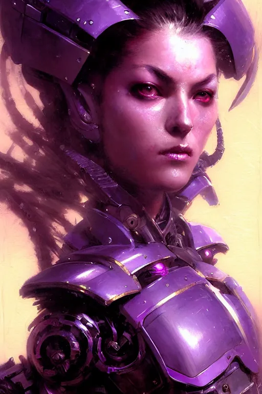 Image similar to extreme close up, facial portrait, woman with a long black ponytail in purple sci - fi armor, kitsune inspired armor, mechanical armor, cybernetic hands, stoic, grim dark, moody, portrait dnd, painting by gaston bussiere, craig mullins, greg rutkowski, yoji shinkawa