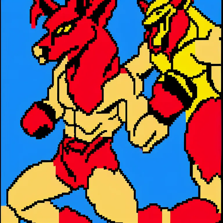 Image similar to full body portrait. 8 bit nes graphics. antropomorphic muscular masculine wolf. kickboxer fighter, in shorts. wolf head. furr on body. red, black, yellow, blue, magenta, pink colors