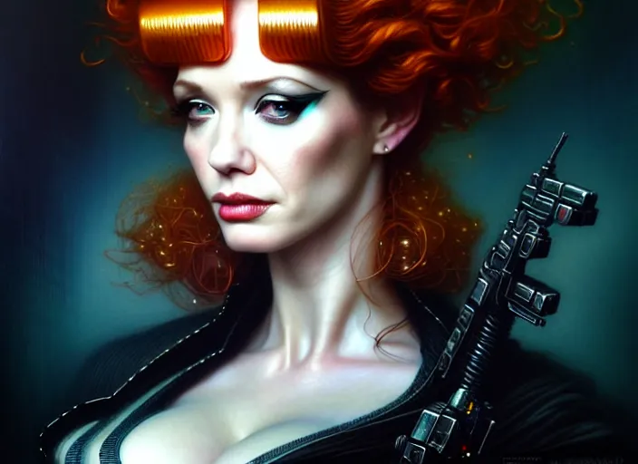 Image similar to portrait shot of christina hendricks in bladerunner wearin a cyberpunk costume, intricate, elegant, highly detailed, centered, digital painting, artstation, concept art, smooth, sharp focus, illustration, artgerm, tomasz alen kopera, peter mohrbacher, donato giancola, joseph christian leyendecker, wlop, boris vallejo