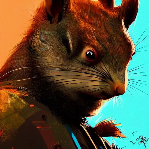 Prompt: grumpy squirrel as apex legends character, digital illustration portrait design, by android jones and greg rutkowski, retrowave color scheme, detailed, cinematic lighting, wide angle action dynamic portrait