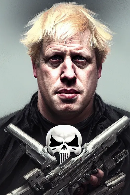 Image similar to Boris Johnson as Punisher, portrait, insanely detailed, digital painting, artstation, concept art, smooth, sharp focus, illustration, cinematic lighting, art by artgerm and greg rutkowski and alphonse mucha