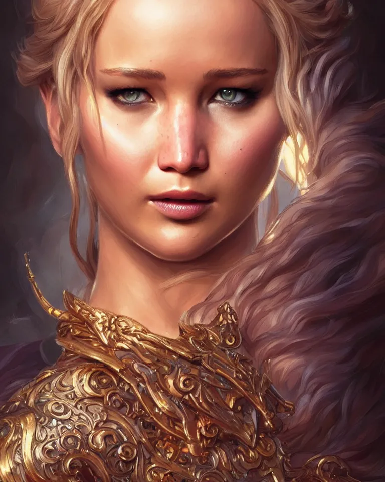 Image similar to Jennifer Lawrence, closeup, D&D, fantasy, intricate, elegant, highly detailed, digital painting, artstation, concept art, matte, sharp focus, illustration, hearthstone, art by Artgerm and Greg Rutkowski and Alphonse Mucha