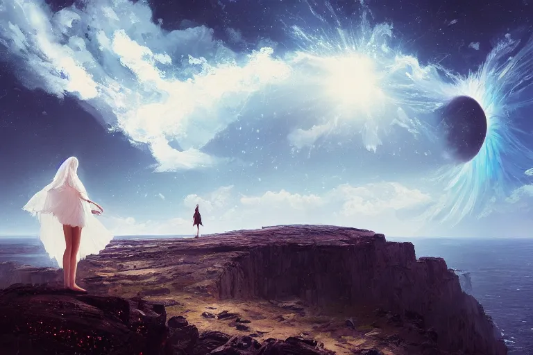 Prompt: giant white daisy flower veil on head, girl standing on cliff, surreal photography, solar eclipse, milky way, dramatic light, impressionist painting, clouds, digital painting, artstation, james gilleard, liam wong, jeremy mann, simon stalenhag