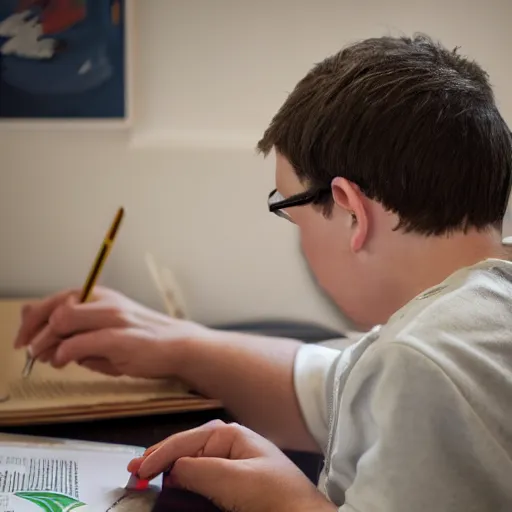 Prompt: Ethan Smith writing his next guide, (EOS 5DS R, ISO100, f/8, 1/125, 84mm, postprocessed, AI enhanced, facial features)