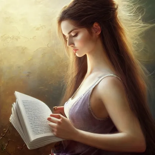 Image similar to a girl reading a book, hair flowing down, 8 k, hyperrealistic, hyperdetailed, fantasy portrait by laura sava