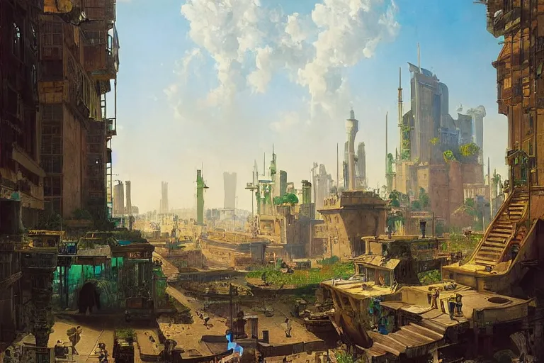Image similar to a futuristic city in summer painted by Ludwig Deutsch and Rudolf Ernst, solarpunk,strong dramatic cinematic lighting, smooth, sharp focus, extremely detailed