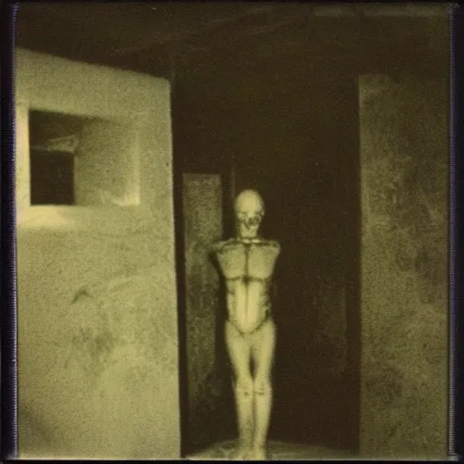 Prompt: a humanoid creature at the bottom of a dark stairwell, dark!, creepy!!!, unsettling, uncanny valley!, old polaroid, expired film,