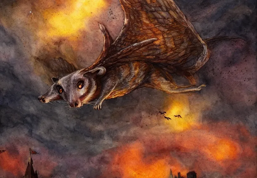 Image similar to legendary fire winged possum flying over a medieval forest castle at night under the dark starred sky, dark fantasy, watercolor, dreaming illusion, highly detailed, 4k, trending on Artstation