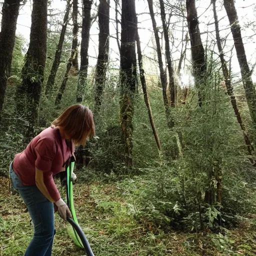 Prompt: Conspiracy theorists vacuuming in the forest