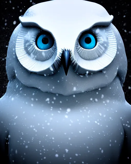 Image similar to closeup of a snow owls face, in the style of brian despain, digital art, unreal engine, volumetric lighting, dark moody lighting, post apocalyptic, 4 k