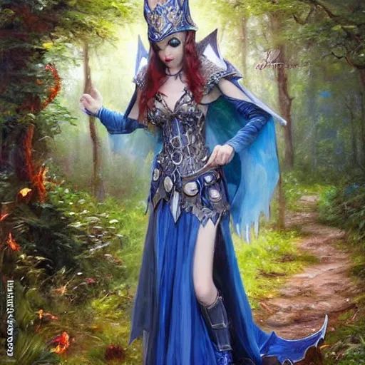 Image similar to Gothic elf princess in blue dragon armor on a misterious forest by Konstantin Razumov H 960