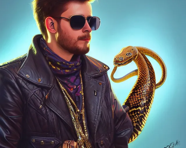 Prompt: a python wearing sunglasses and a leather jacket, photography of kurzgesagt, deep focus, d & d, fantasy, intricate, elegant, highly detailed, digital painting, artstation, concept art, matte, sharp focus, illustration, hearthstone, art by artgerm and greg rutkowski and alphonse mucha