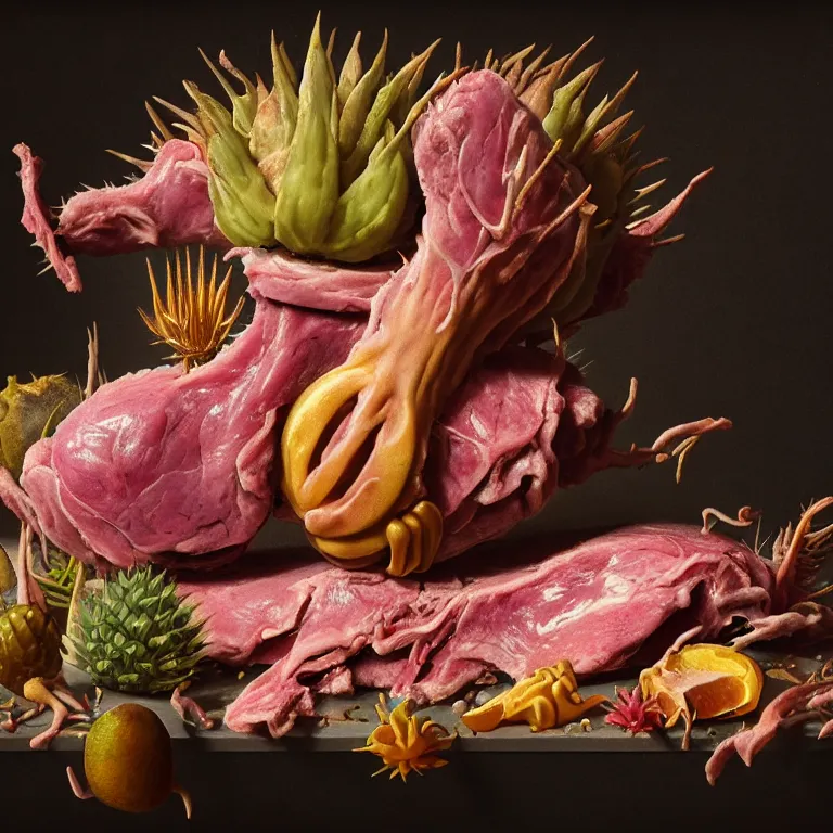 Image similar to still life of beautiful pastel tropical alien flowers, tropical fruit, human spine, rotten meat flesh with colorful mold, muscle tissue, spikes, baroque painting, beautiful detailed intricate insanely detailed octane render, 8K artistic photography, photorealistic, chiaroscuro, Raphael, Caravaggio