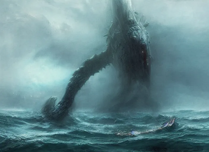 Prompt: leviathan swimming in the stormy sea concept, epic, beksinski, ruan jia, brent hollowell, assassin creed black flag concept