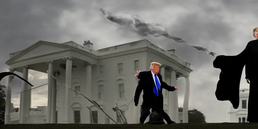 Prompt: a professional photo of donald trump fighting voldemort on top of white house, extremely high fidelity. key light.