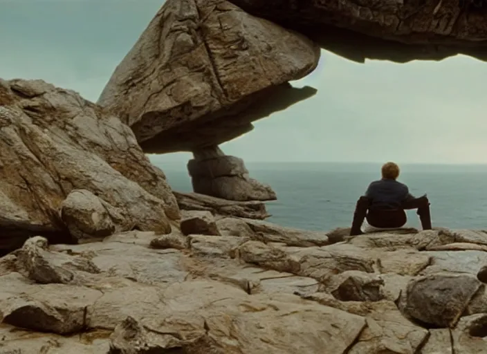 Image similar to screenshot of Luke Skywalker sitting around rocks floating in the air, outside on the rocky jedi temple, iconic scene from the last jedi, 1980s film directed by Stanley Kubrick, great portrait of Mark Hammill, cinematic lighting, kodak, stunning moody cinematography, with anamorphic lenses, crisp, detailed portrait, 4k image