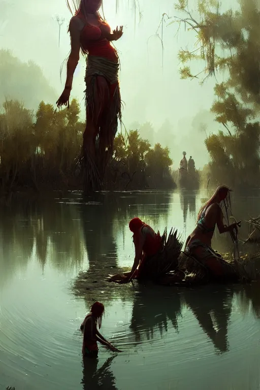 Prompt: greg rutkowski swamp community fish people