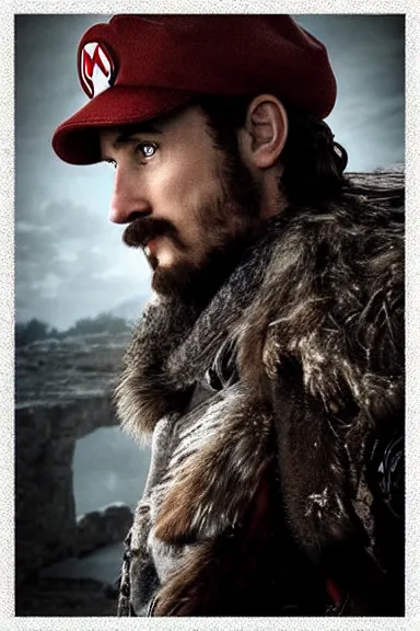 Image similar to “ very very intricate photorealistic photo of a realistic human version of super mario in an episode of game of thrones, photo is in focus with detailed atmospheric lighting, award - winning details ”